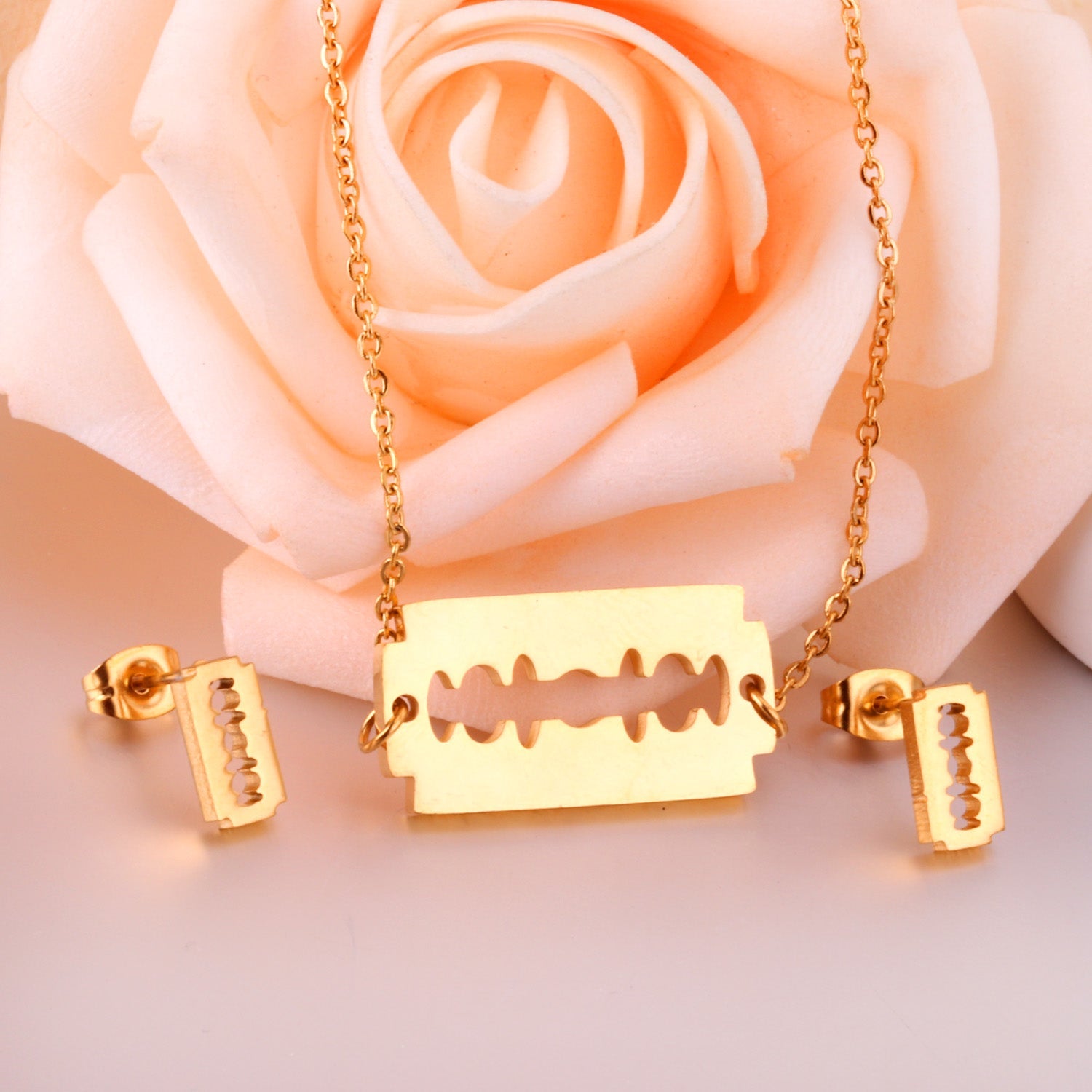 Steel/Gold Smooth Cut Center Irregular Wisps Jewelry Set without Diamonds asonjewelry