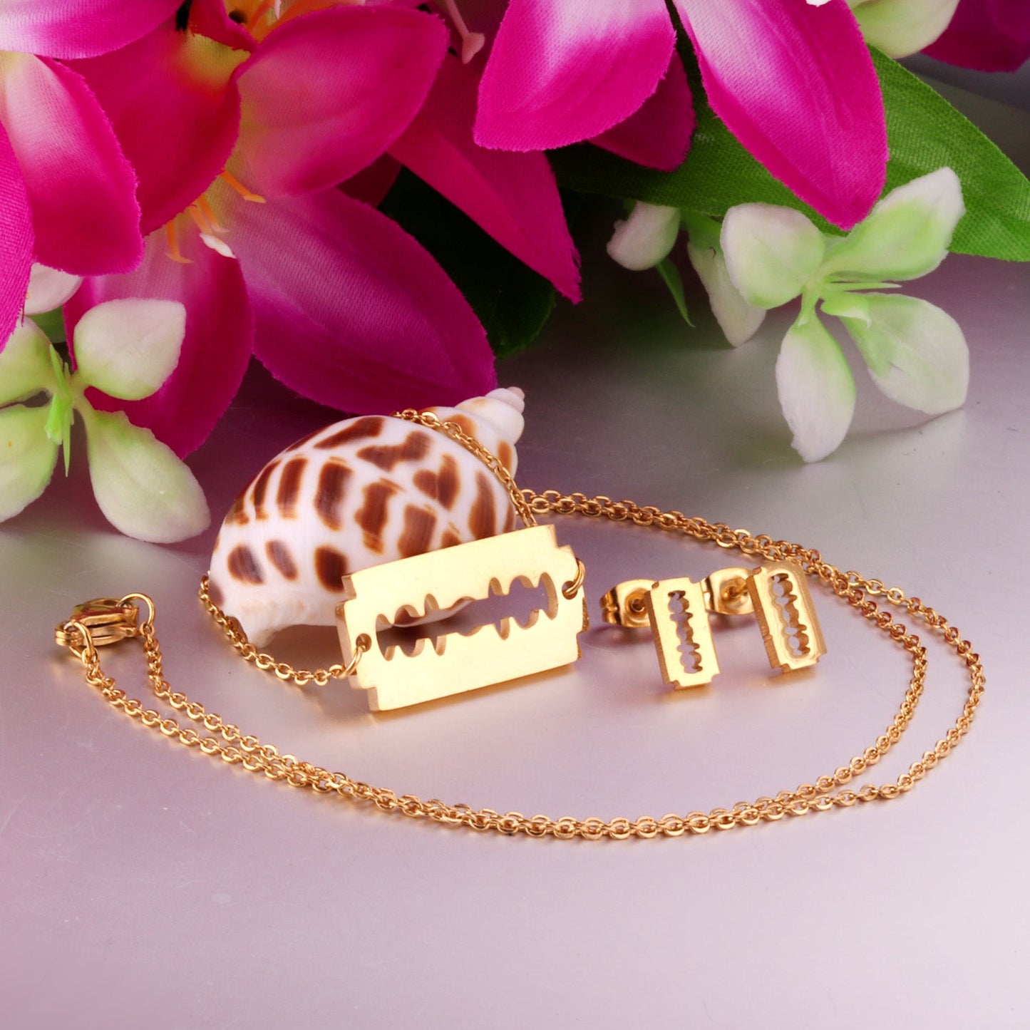 Steel/Gold Smooth Cut Center Irregular Wisps Jewelry Set without Diamonds asonjewelry