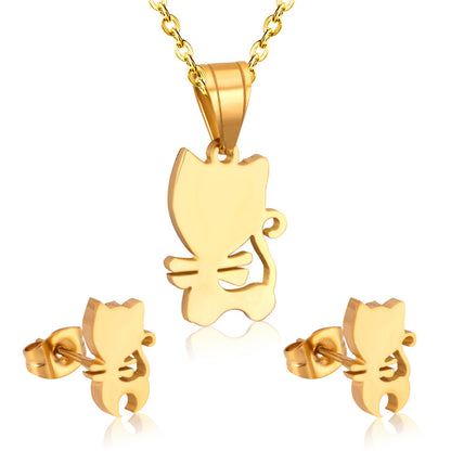 Steel/Gold Faceted Cat Standing Shape Jewelry Set without Diamonds asonjewelry