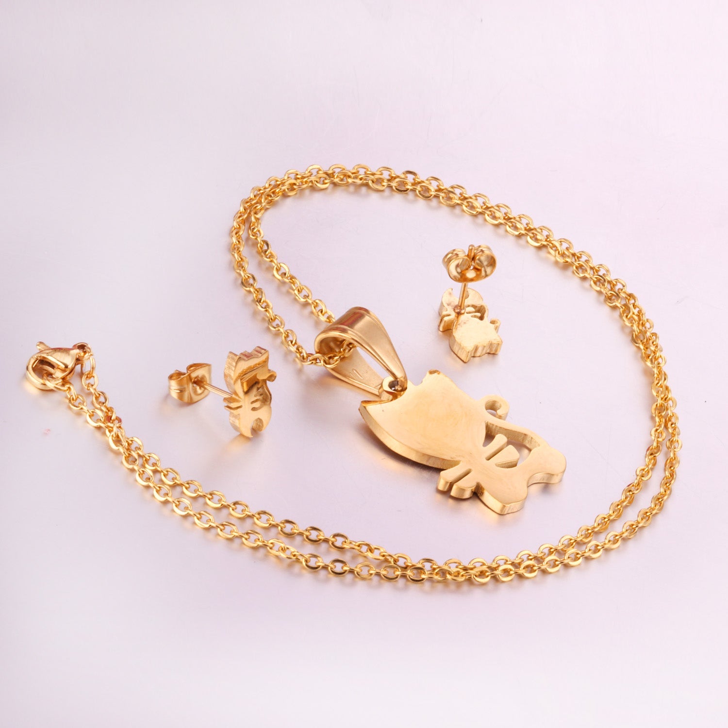 Steel/Gold Faceted Cat Standing Shape Jewelry Set without Diamonds asonjewelry
