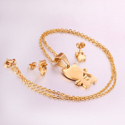 Steel/Gold Faceted Cat Standing Shape Jewelry Set without Diamonds asonjewelry