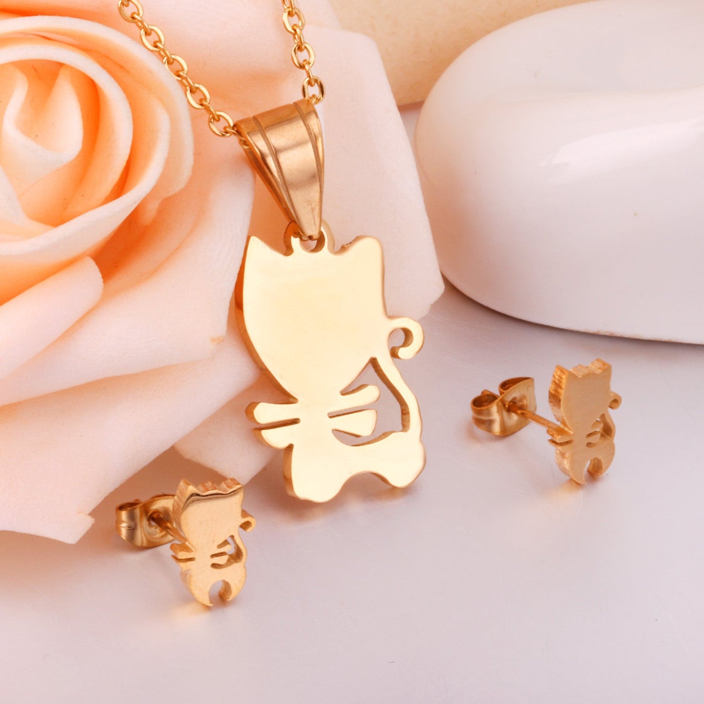 Steel/Gold Faceted Cat Standing Shape Jewelry Set without Diamonds asonjewelry