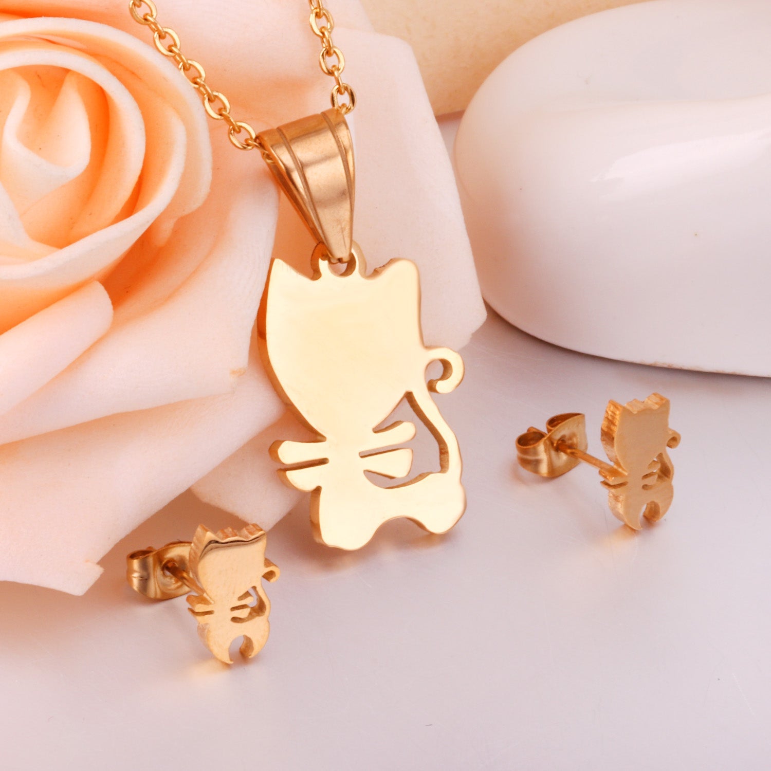 Steel/Gold Faceted Cat Standing Shape Jewelry Set without Diamonds asonjewelry