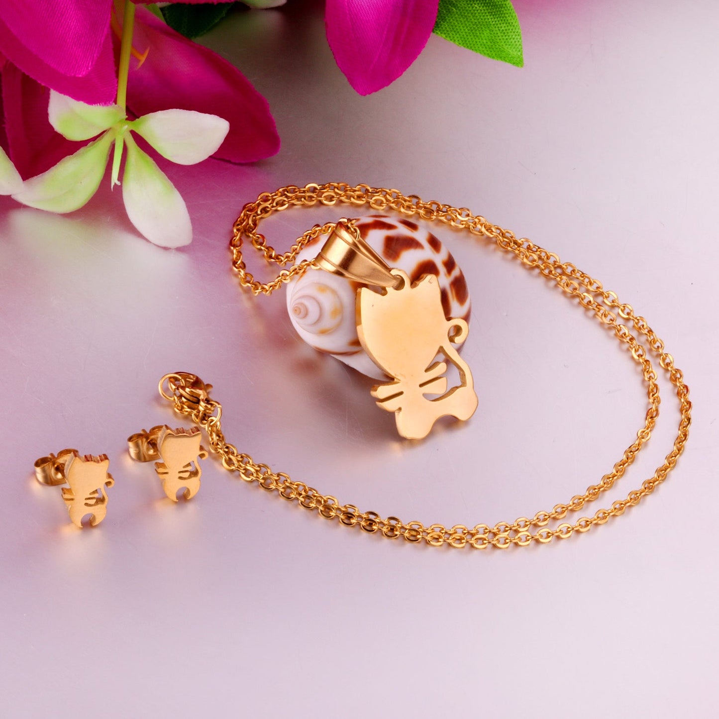 Steel/Gold Faceted Cat Standing Shape Jewelry Set without Diamonds asonjewelry