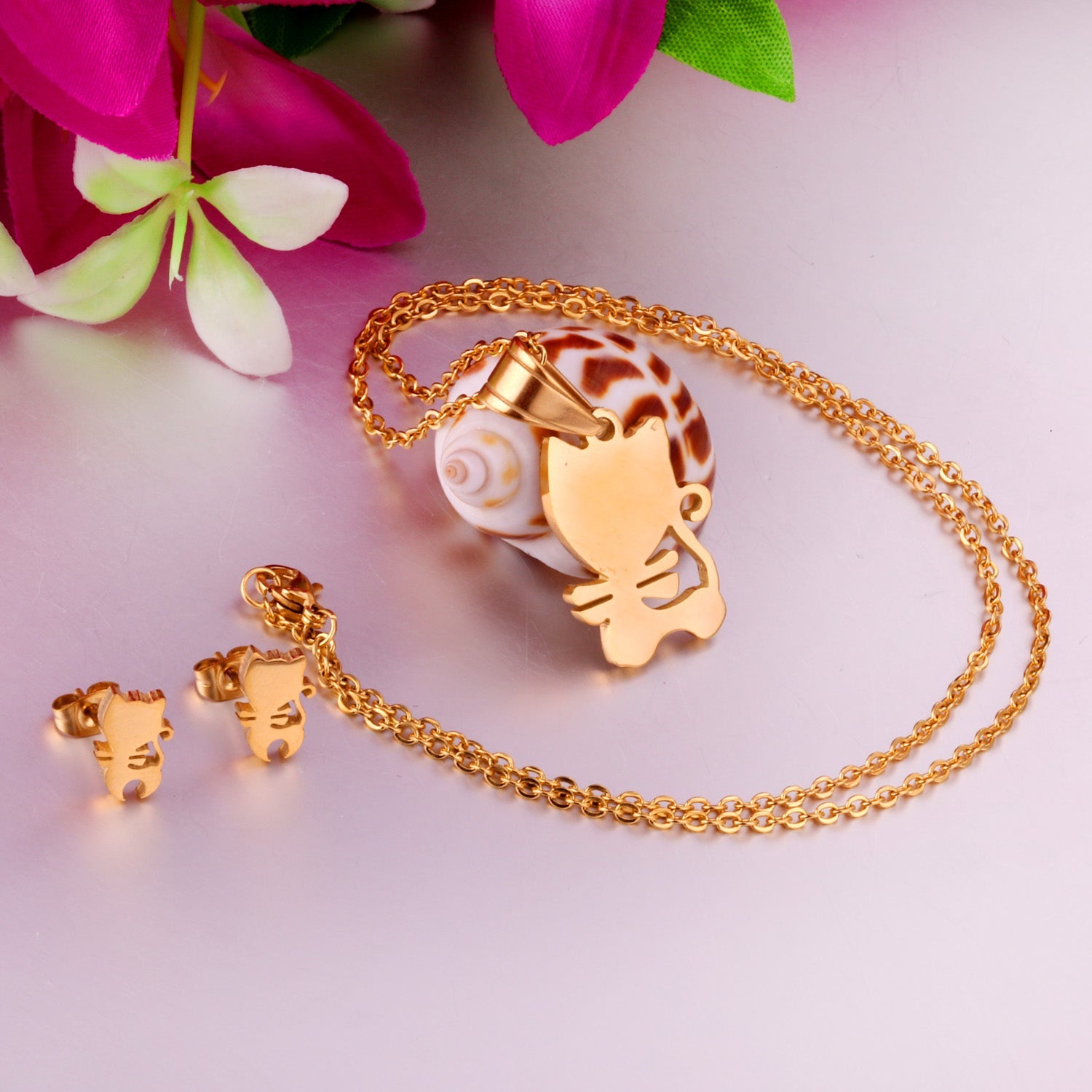 Steel/Gold Faceted Cat Standing Shape Jewelry Set without Diamonds asonjewelry
