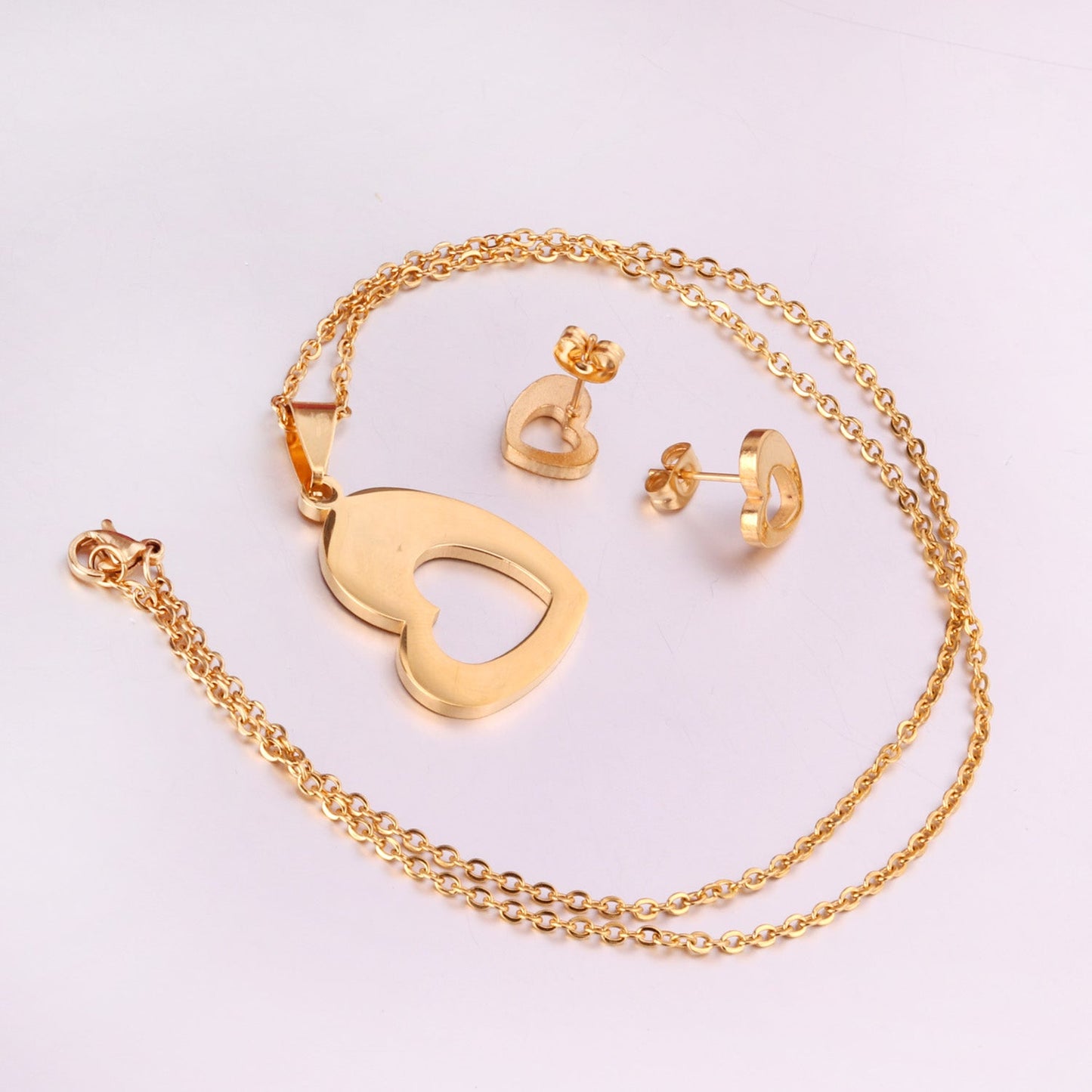 Steel/Gold Wispy Faceted Heart Cut Jewelry Set without Diamonds asonjewelry