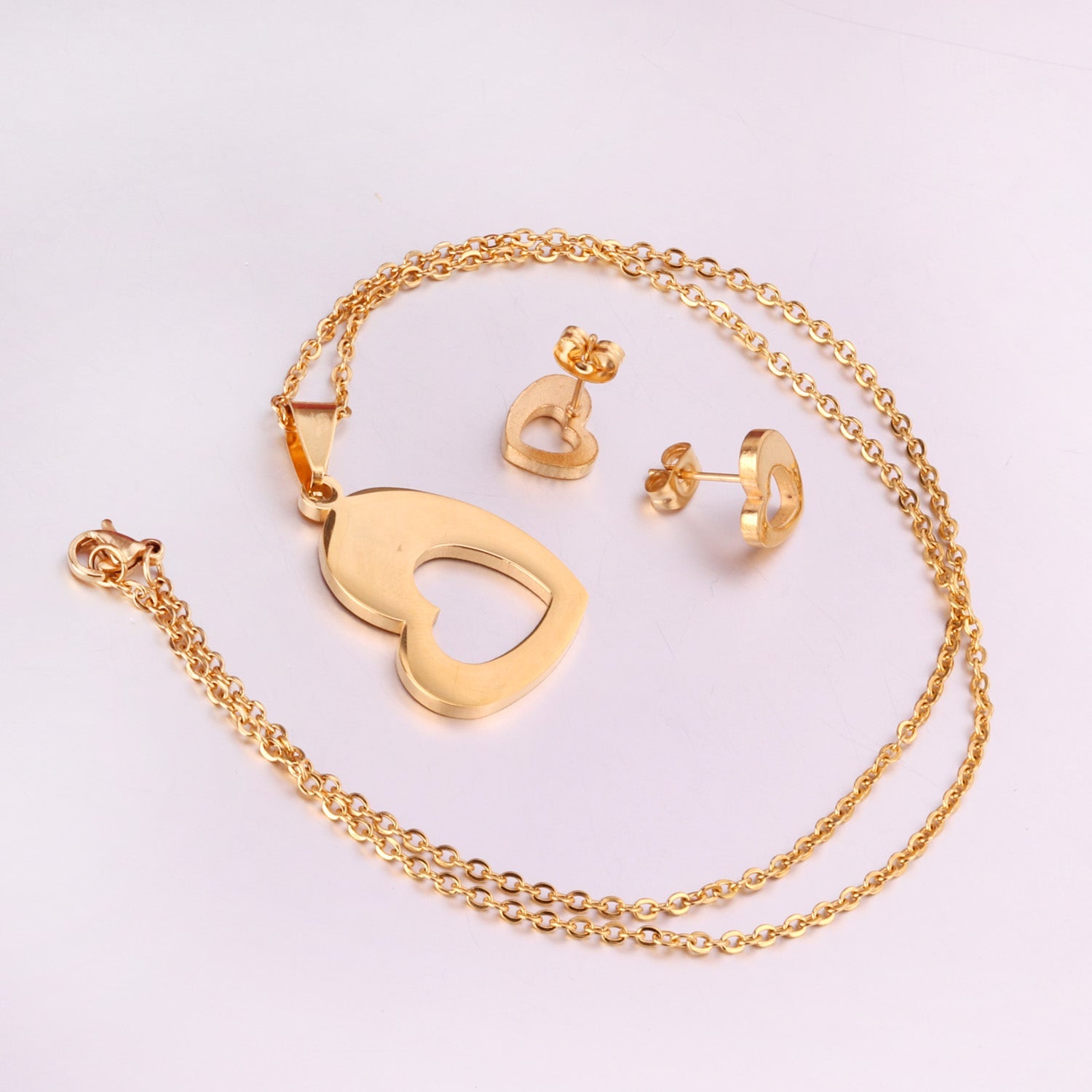 Steel/Gold Wispy Faceted Heart Cut Jewelry Set without Diamonds asonjewelry