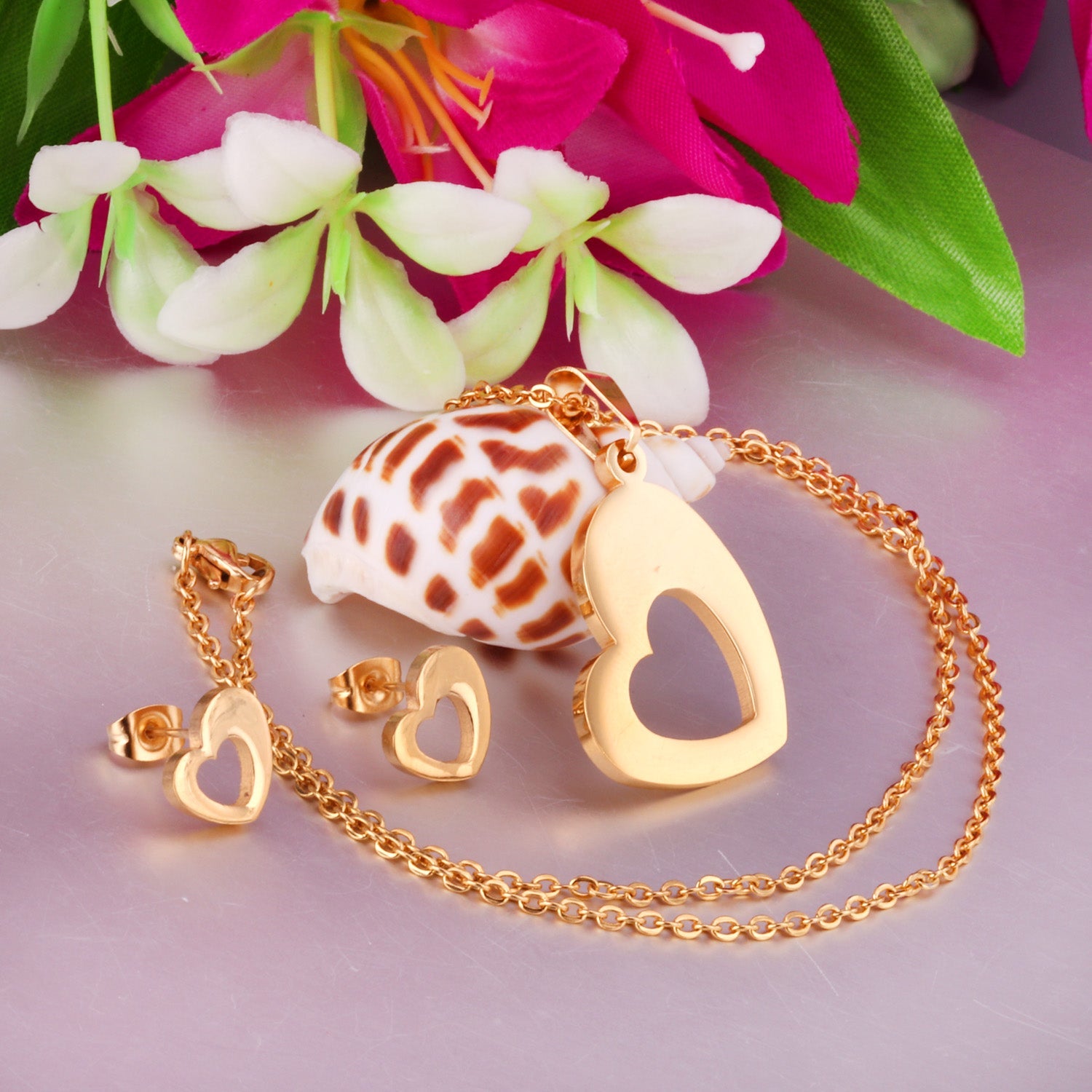 Steel/Gold Wispy Faceted Heart Cut Jewelry Set without Diamonds asonjewelry