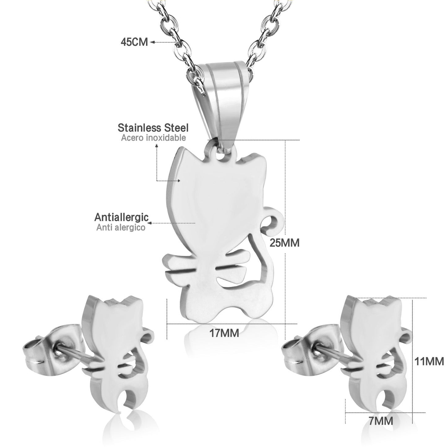 Steel/Gold Faceted Cat Standing Shape Jewelry Set without Diamonds asonjewelry