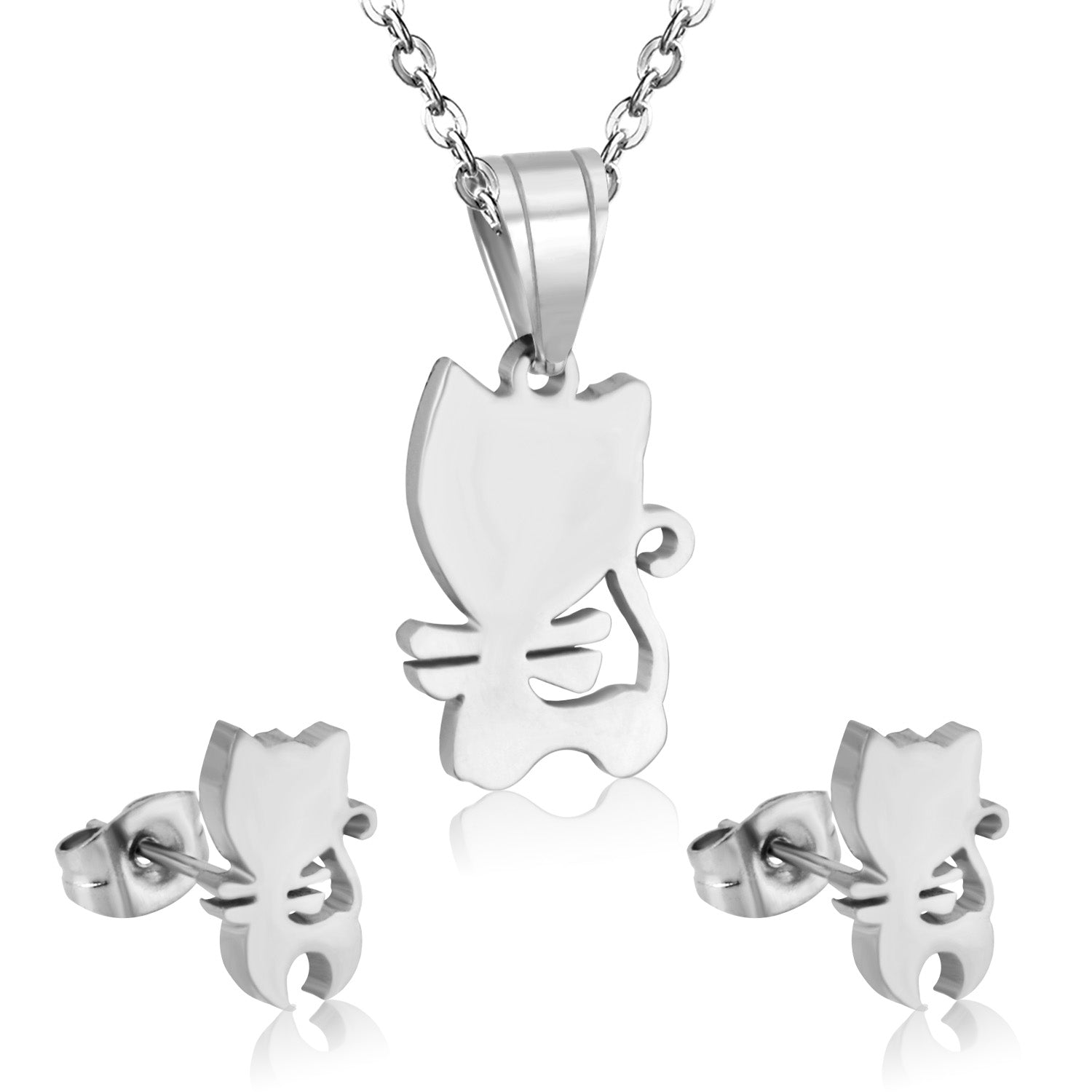 Steel/Gold Faceted Cat Standing Shape Jewelry Set without Diamonds asonjewelry