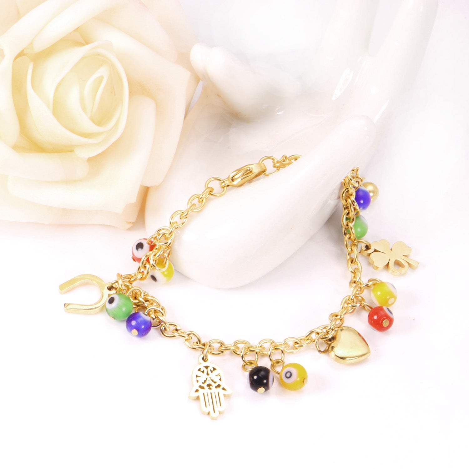 Goldtone Accessory Bracelet with Cat's Eye Palm U-Shaped Heart asonjewelry