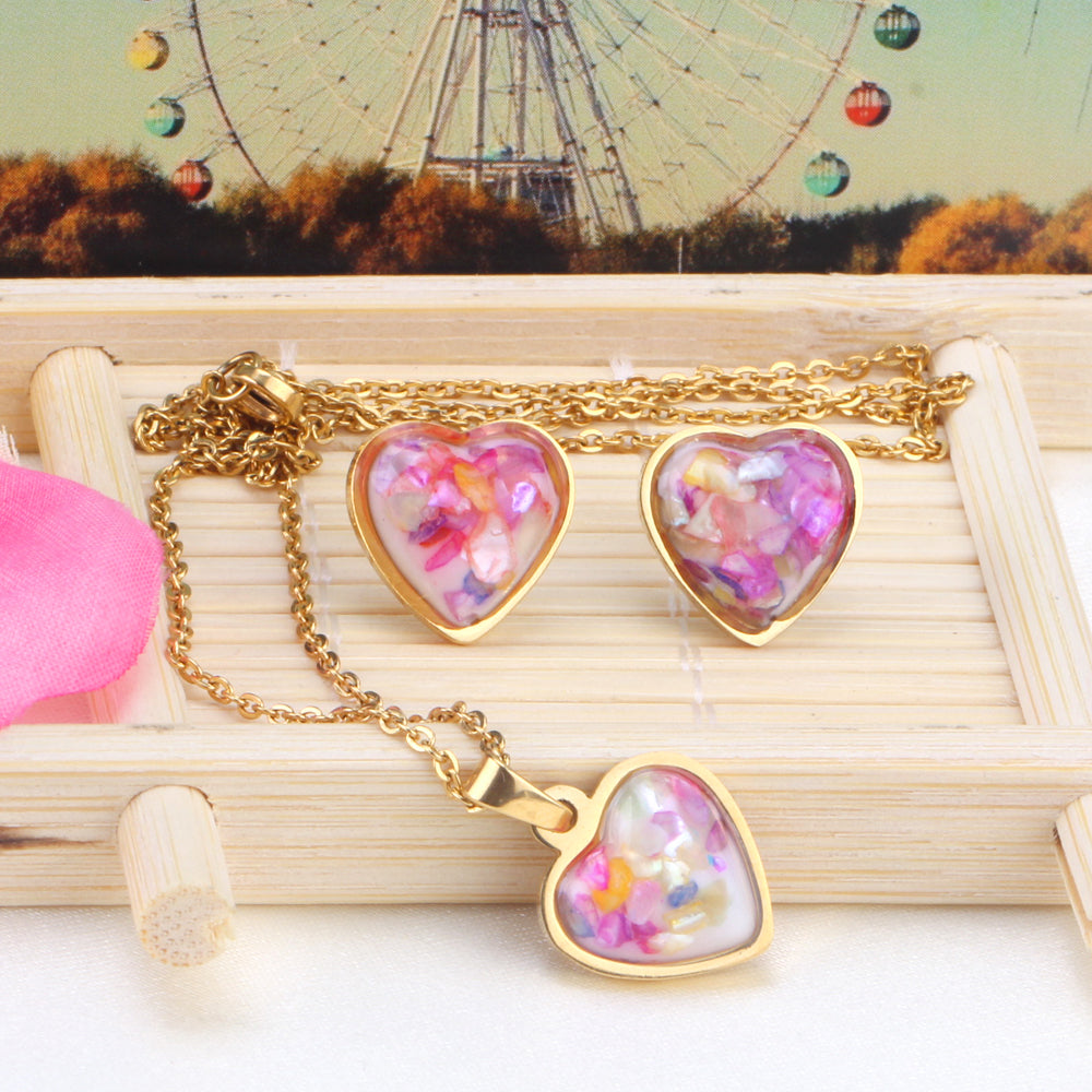 Steel/Gold Heart Shaped Fancy Stone/Black Fancy Stone Jewelry Set asonjewelry