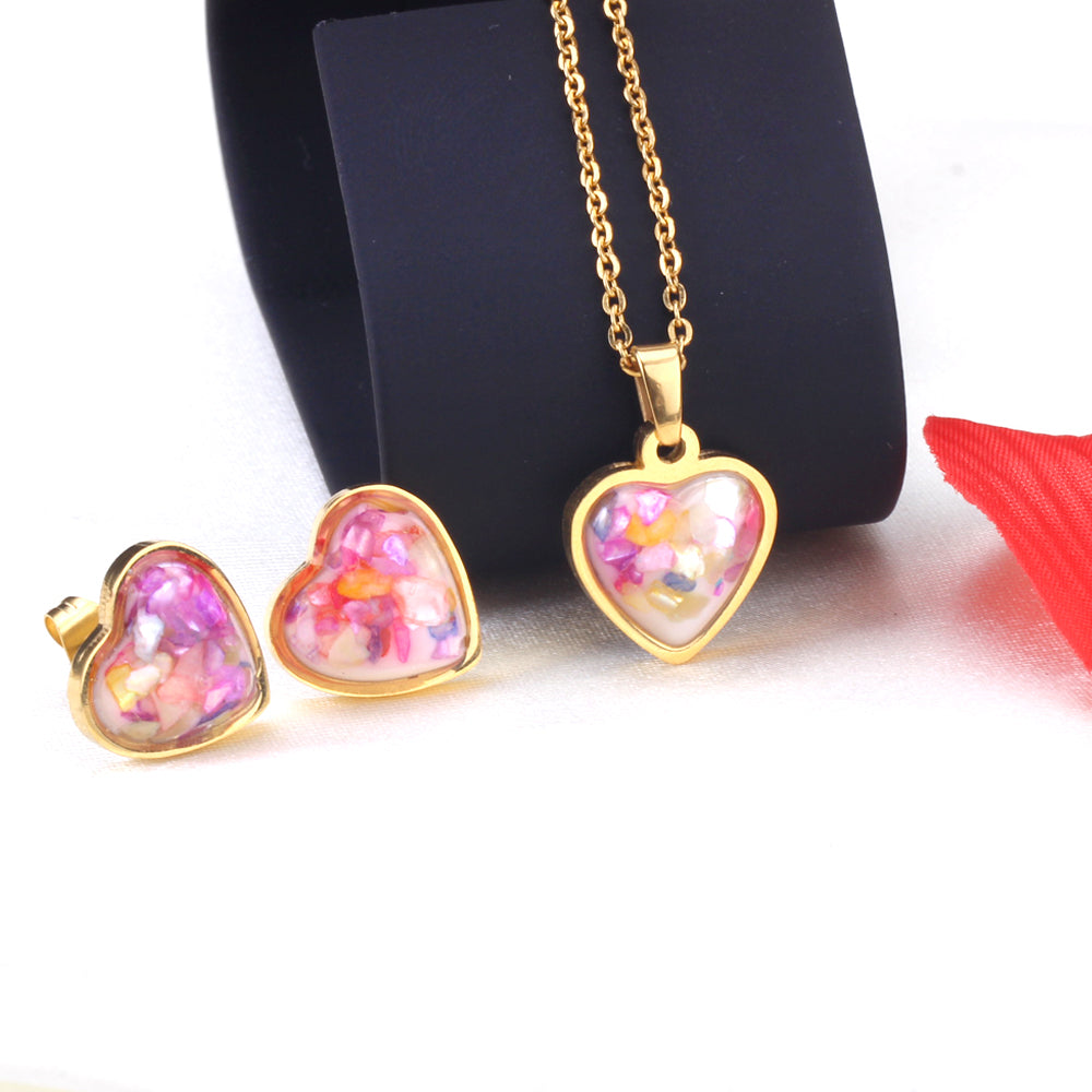 Steel/Gold Heart Shaped Fancy Stone/Black Fancy Stone Jewelry Set asonjewelry