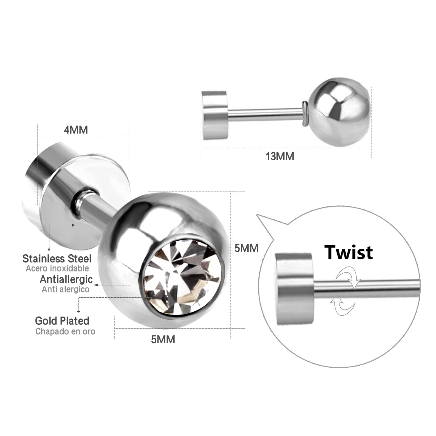 12 pairs 5mm steel/golden steel ball with drilled screw plugs asonjewelry