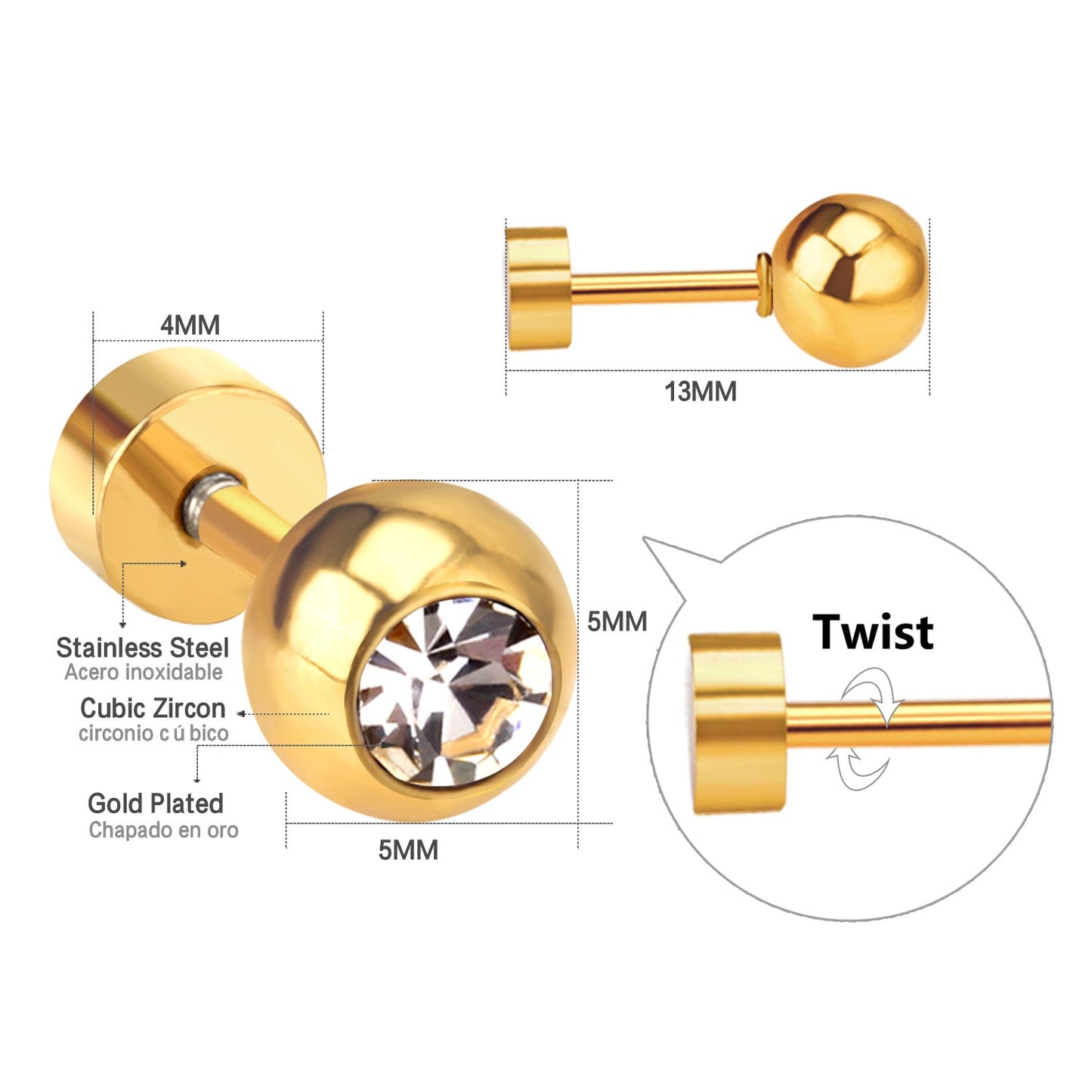 12 pairs 5mm steel/golden steel ball with drilled screw plugs asonjewelry