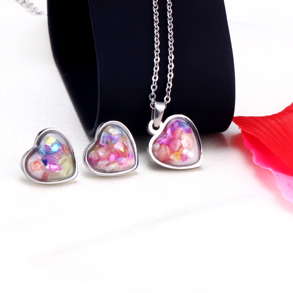 Steel/Gold Heart Shaped Fancy Stone/Black Fancy Stone Jewelry Set asonjewelry