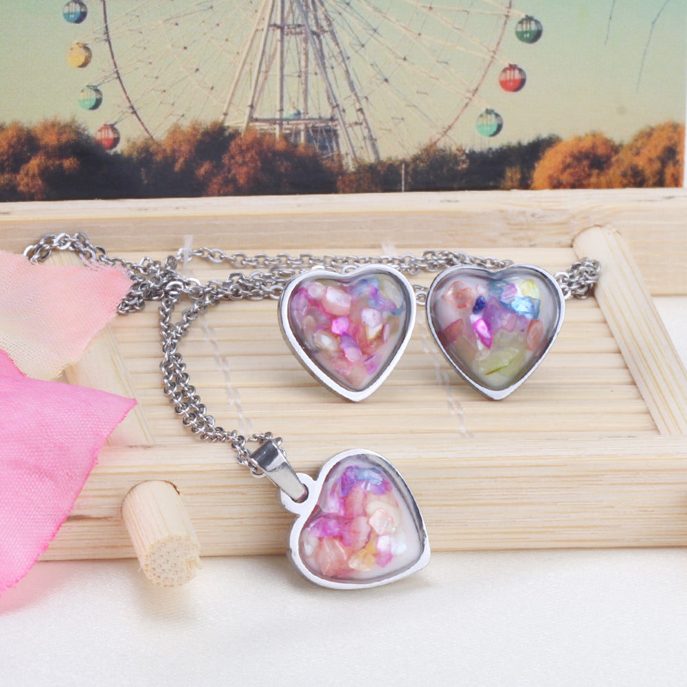 Steel/Gold Heart Shaped Fancy Stone/Black Fancy Stone Jewelry Set asonjewelry