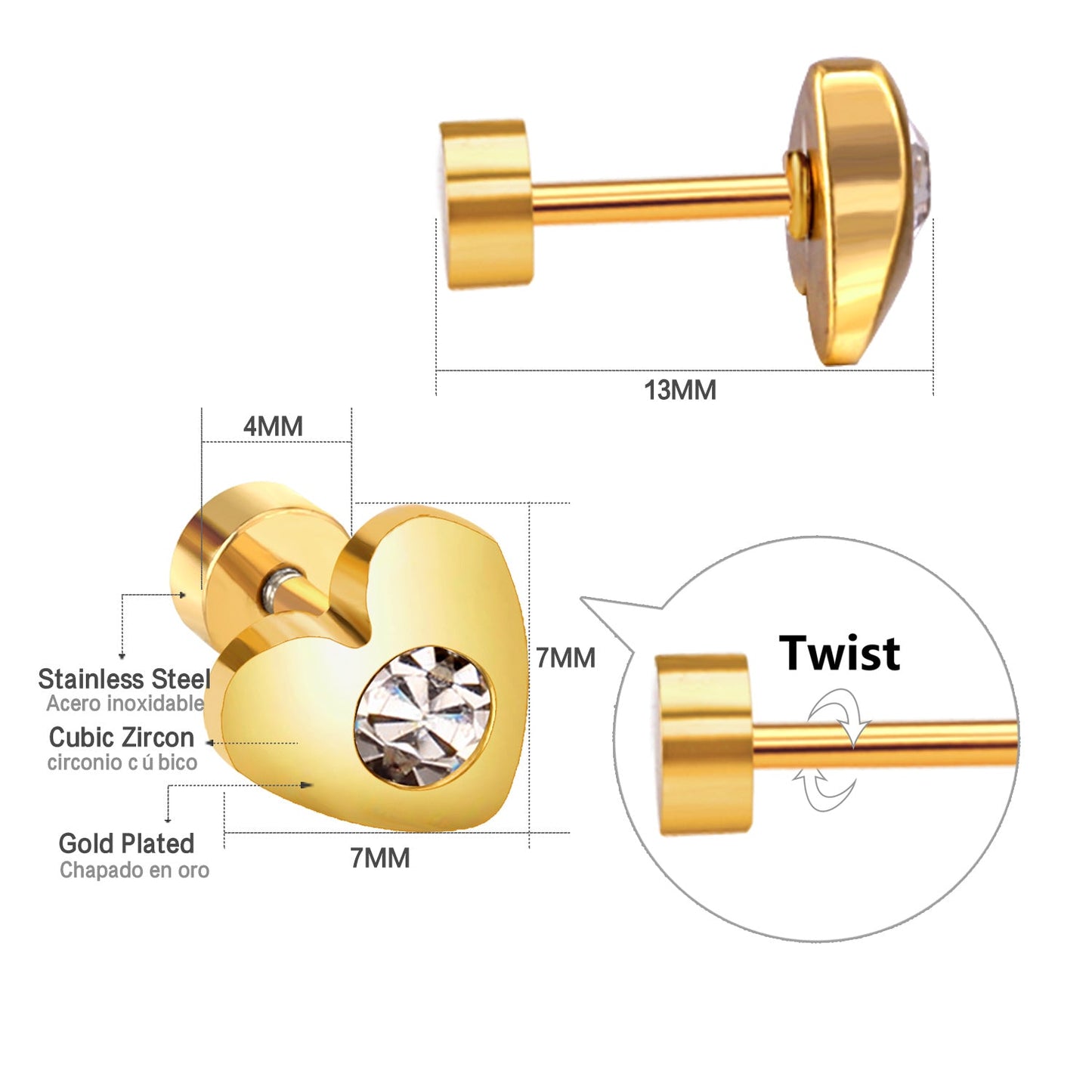 12 pairs 7mm steel/golden heart mix/white diamond screw plugs asonjewelry