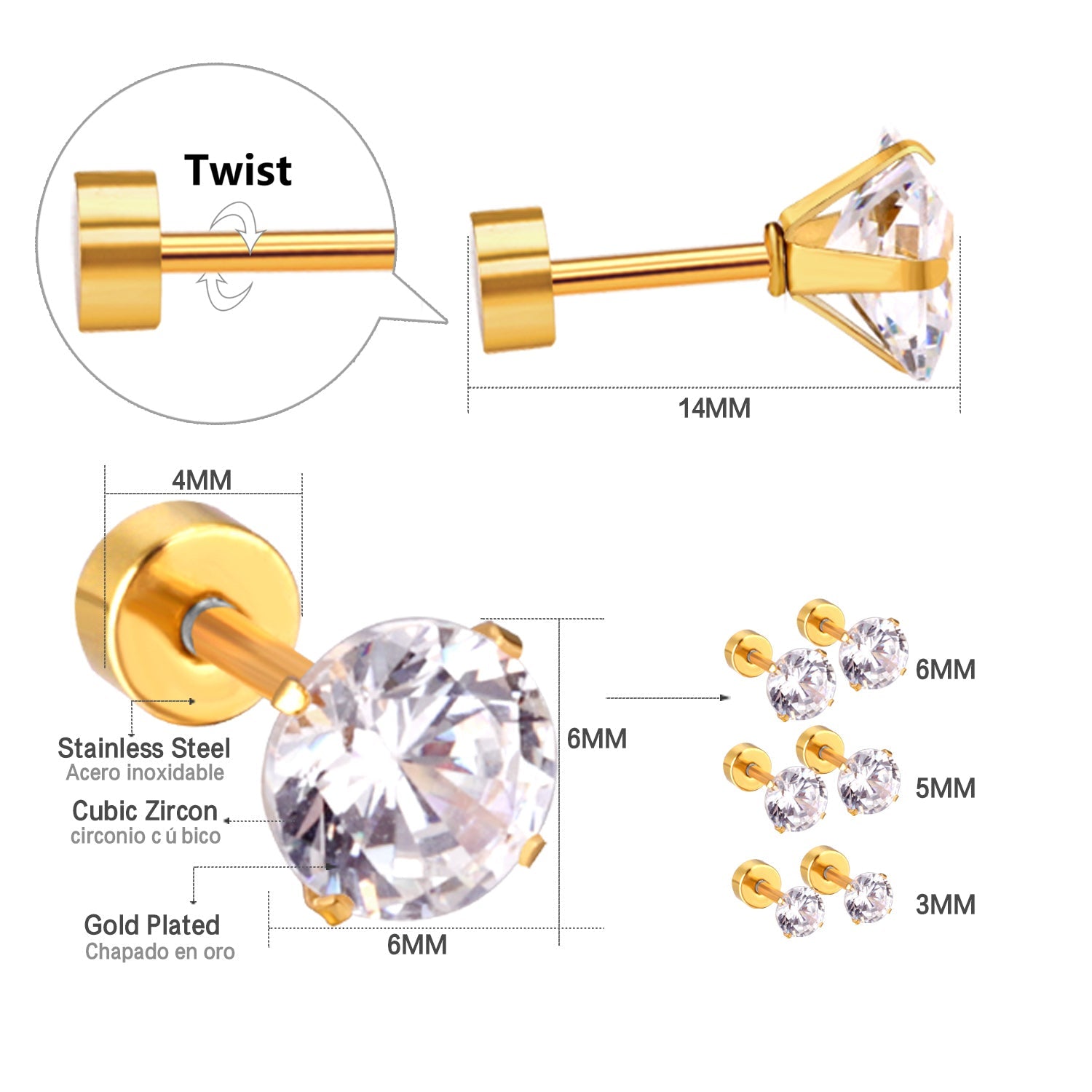 12 pairs 3mm/5mm/6mm gold/steel four-grip round mixing screw plugs asonjewelry