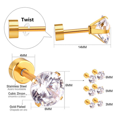 12 pairs 3mm/5mm/6mm gold/steel four-grip round mixing screw plugs asonjewelry