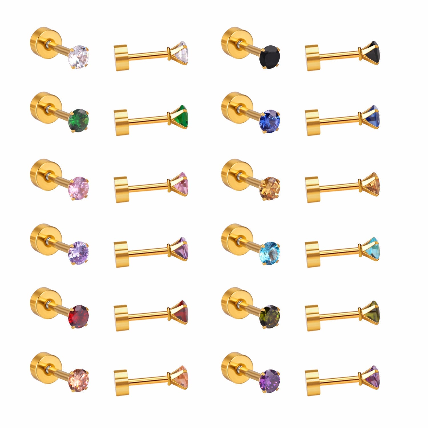 12 pairs 3mm/5mm/6mm gold/steel four-grip round mixing screw plugs asonjewelry