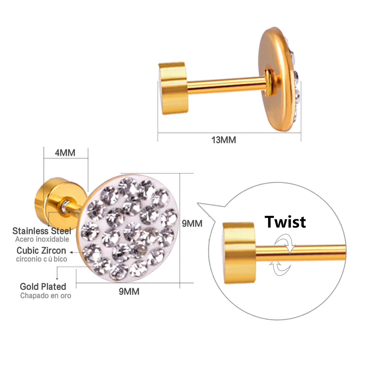 12 pairs 9mm steel color/gold round dipped clay mix/five color screw plugs asonjewelry