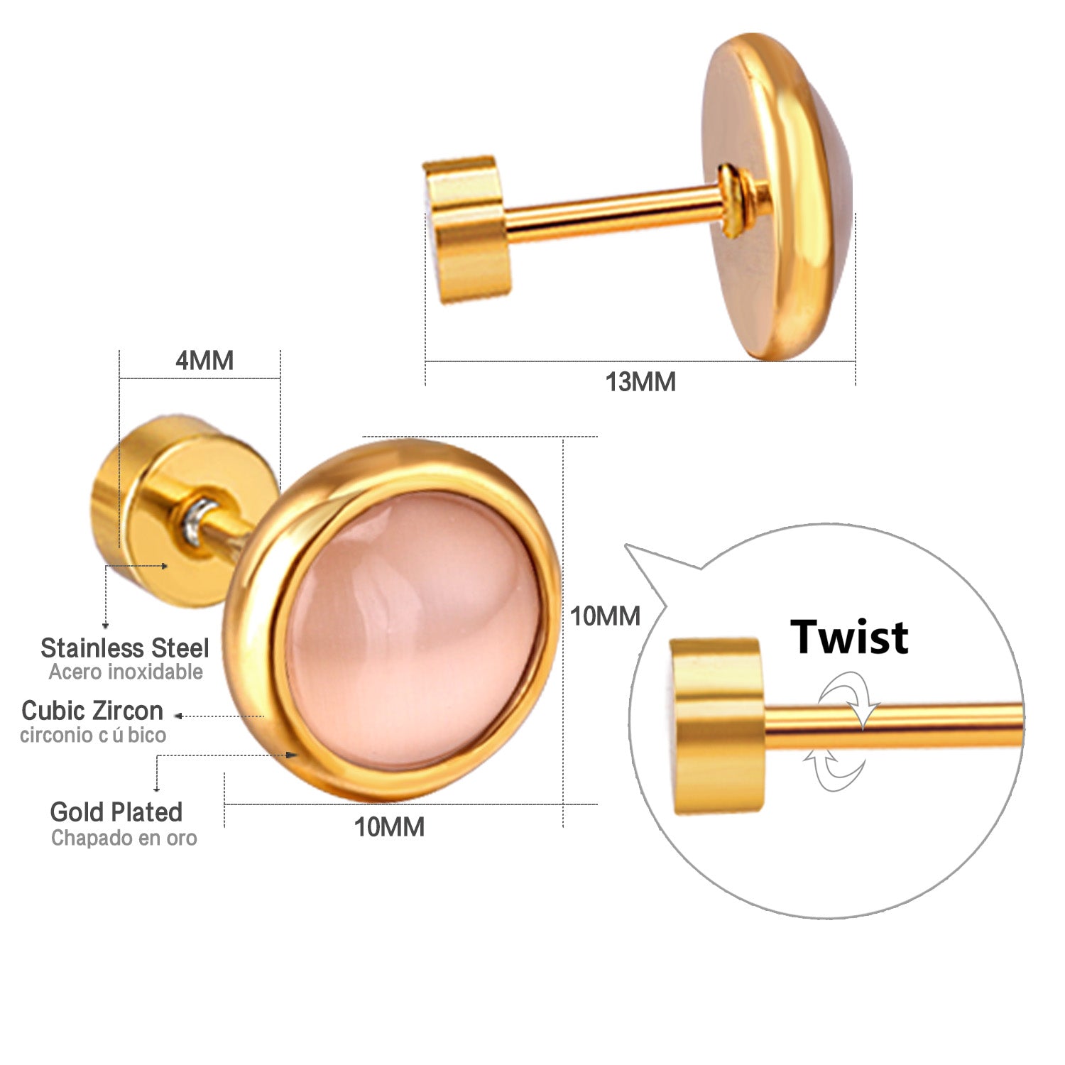 12 pairs 10mm/8mm Steel/Gold Mixed Screw Earrings asonjewelry