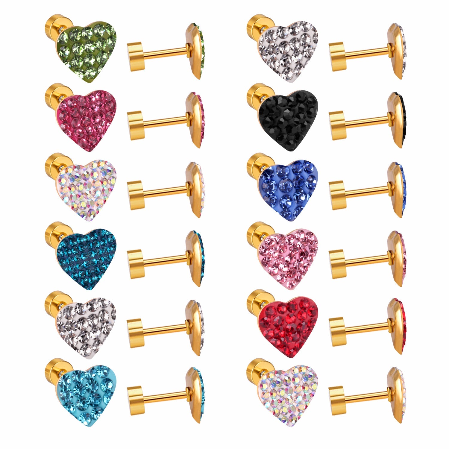 12 pairs 9mm steel/golden heart shaped sludge mix/five colors/white white sludge screw plugs asonjewelry