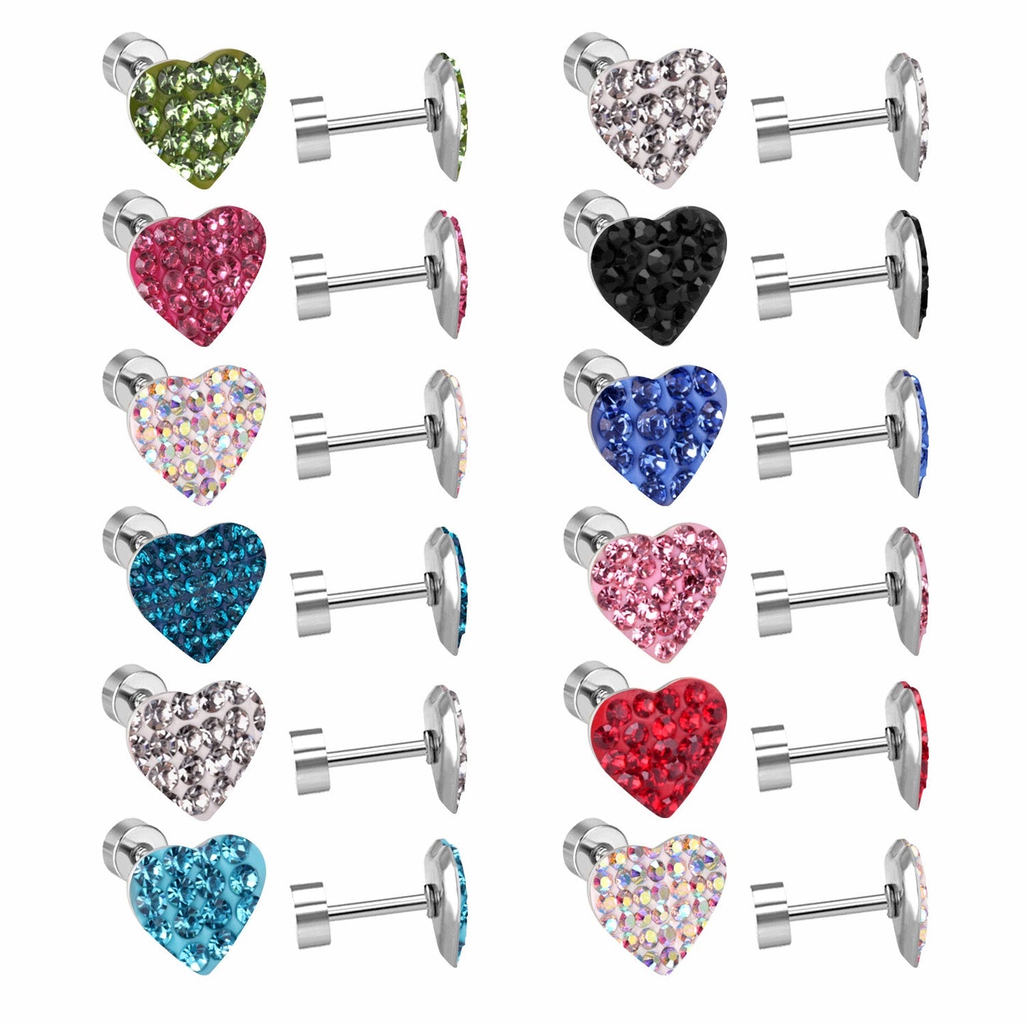 12 pairs 9mm steel/golden heart shaped sludge mix/five colors/white white sludge screw plugs asonjewelry