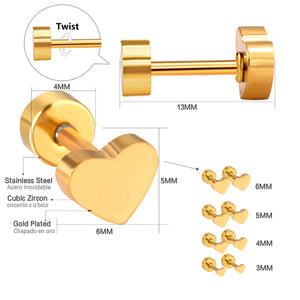 12 pairs 3mm/4mm/5mm/6mm steel/gold screw-in earrings without diamonds