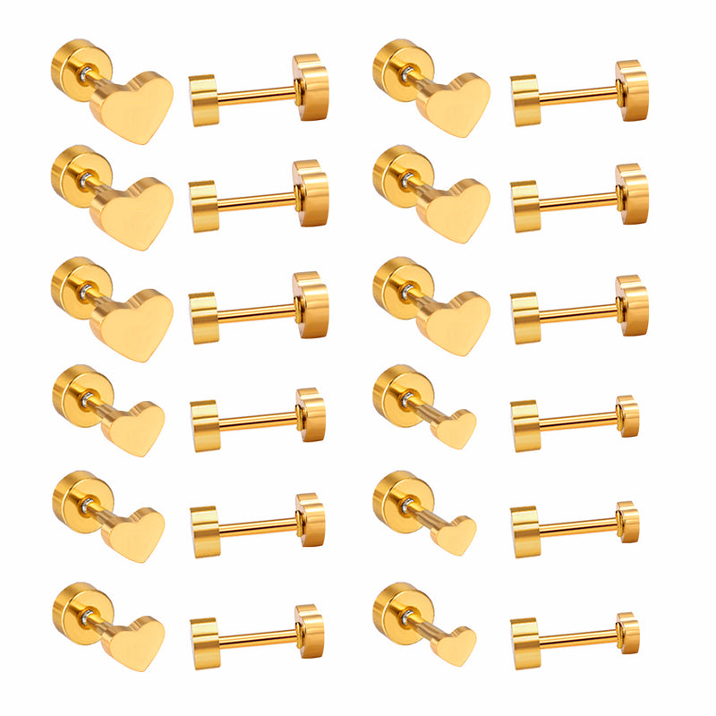 12 pairs 3mm/4mm/5mm/6mm steel/gold screw-in earrings without diamonds