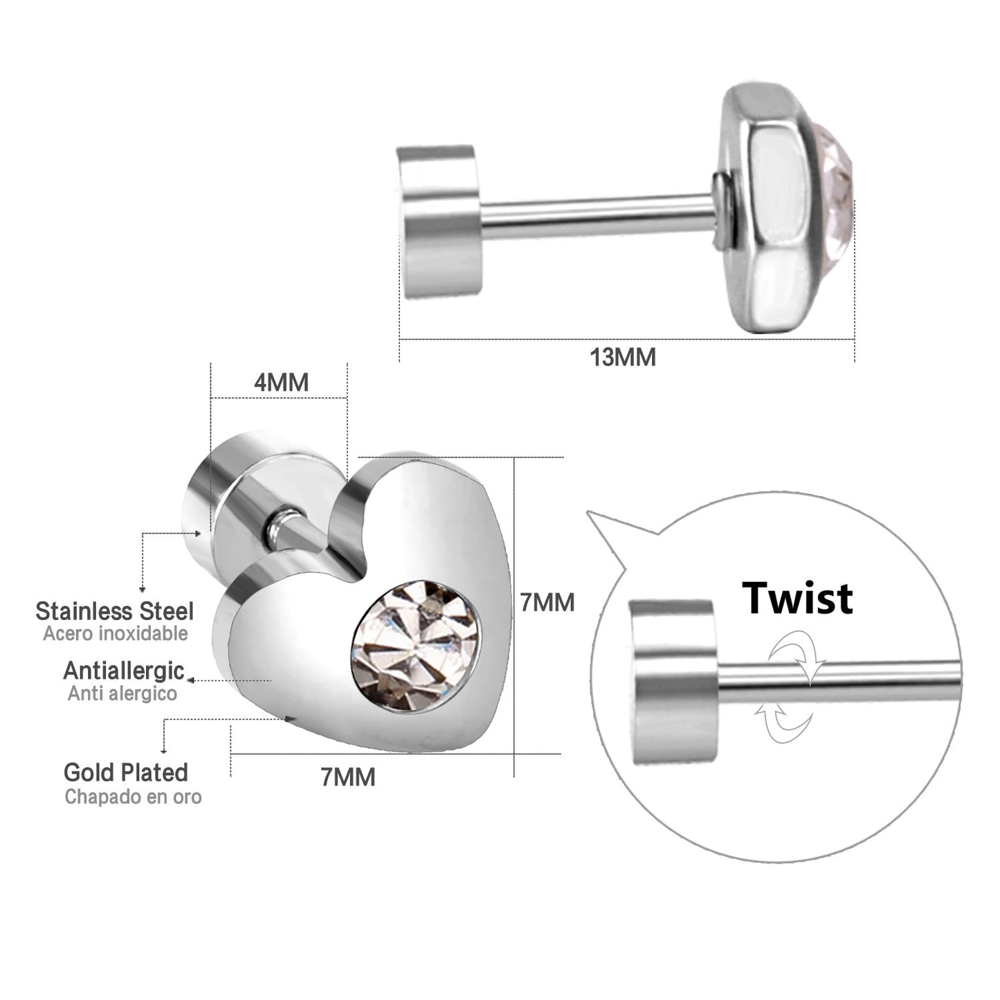 12 pairs 7mm steel/golden heart mix/white diamond screw plugs asonjewelry