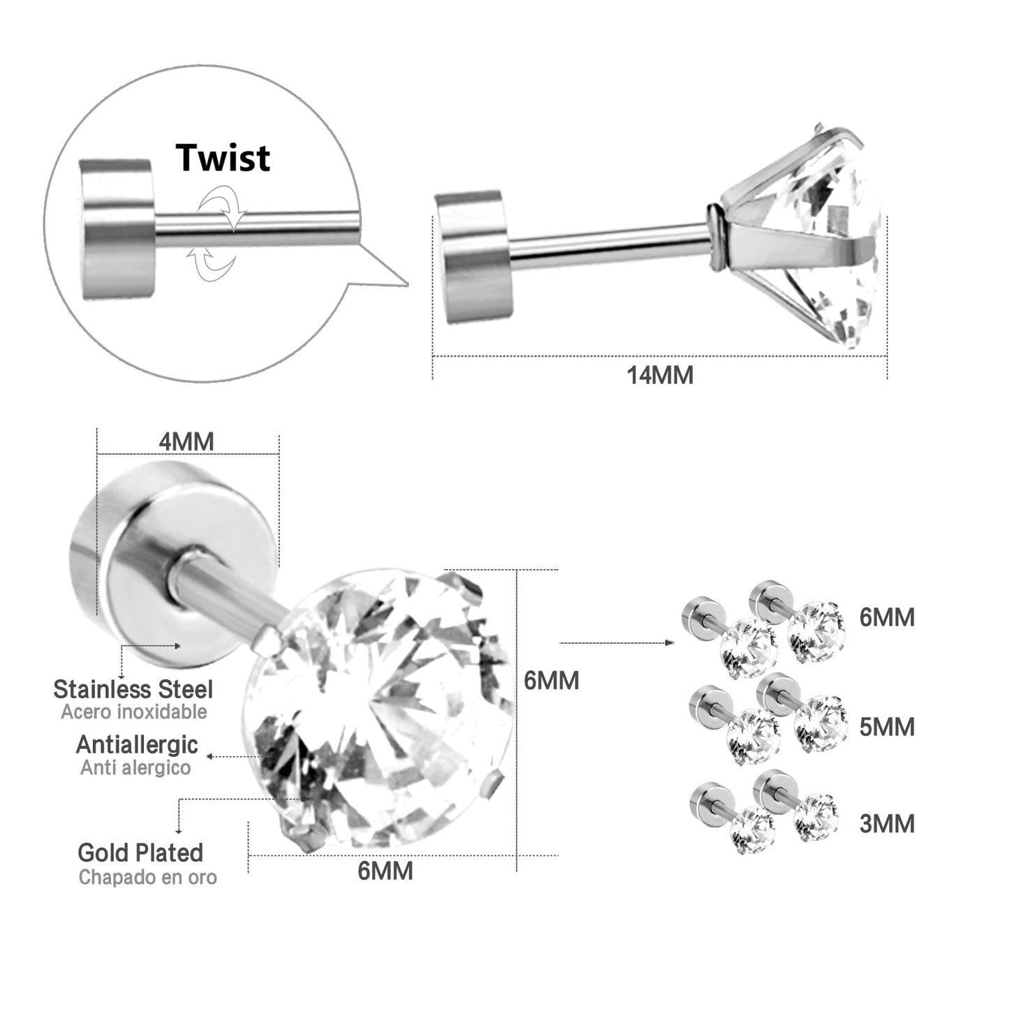 12 pairs 3mm/5mm/6mm gold/steel four-grip round mixing screw plugs asonjewelry