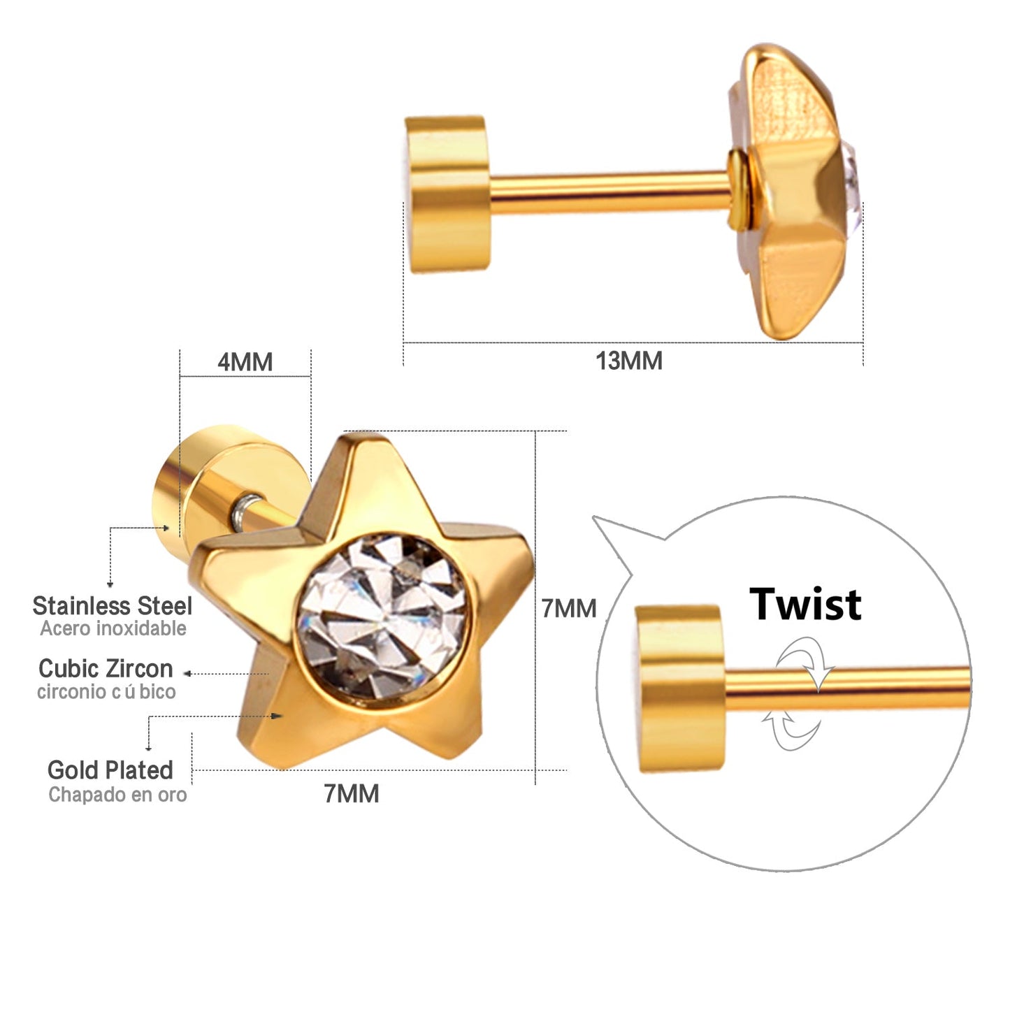 12 pairs 7mm steel/golden pentagram mixed drill/white diamond screw plugs asonjewelry