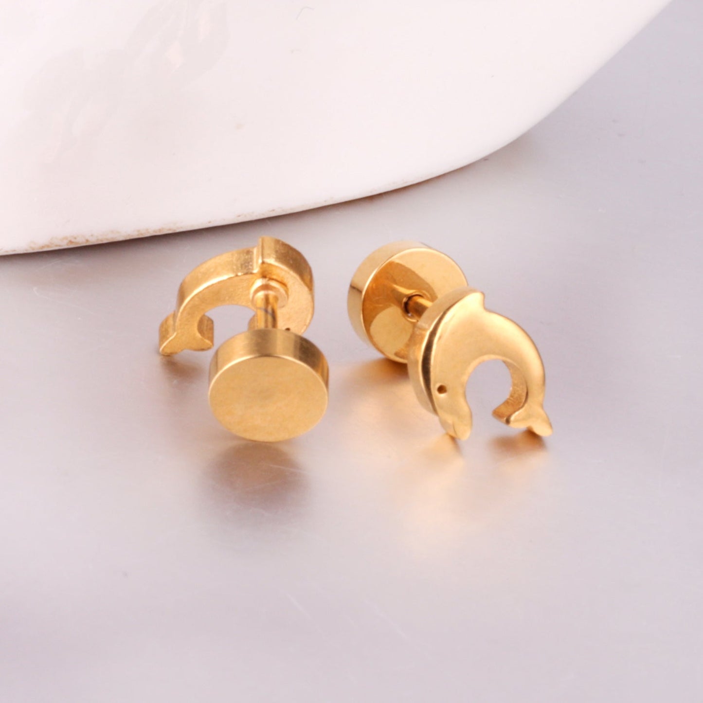 12 pairs Dolphin Shape Steel Goldtone Screwback Stud Earrings asonjewelry