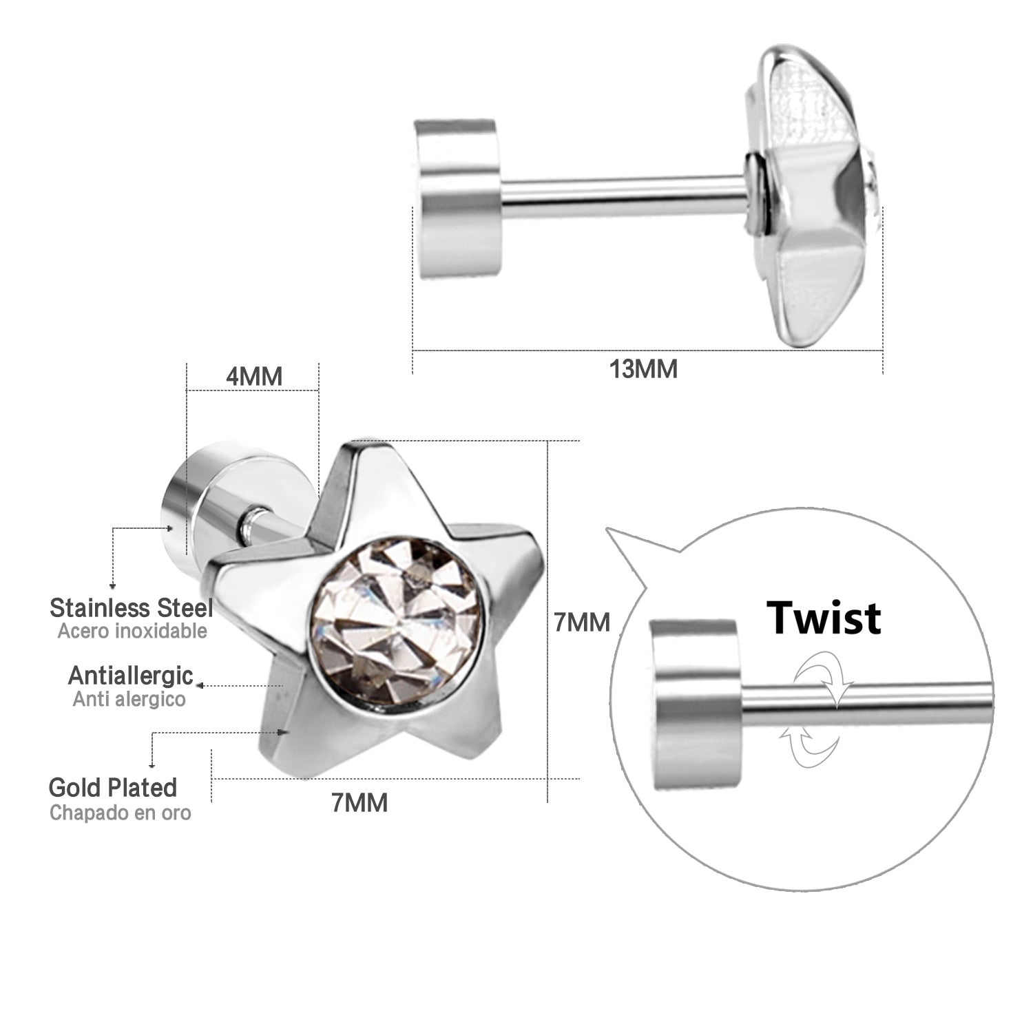 12 pairs 7mm steel/golden pentagram mixed drill/white diamond screw plugs asonjewelry