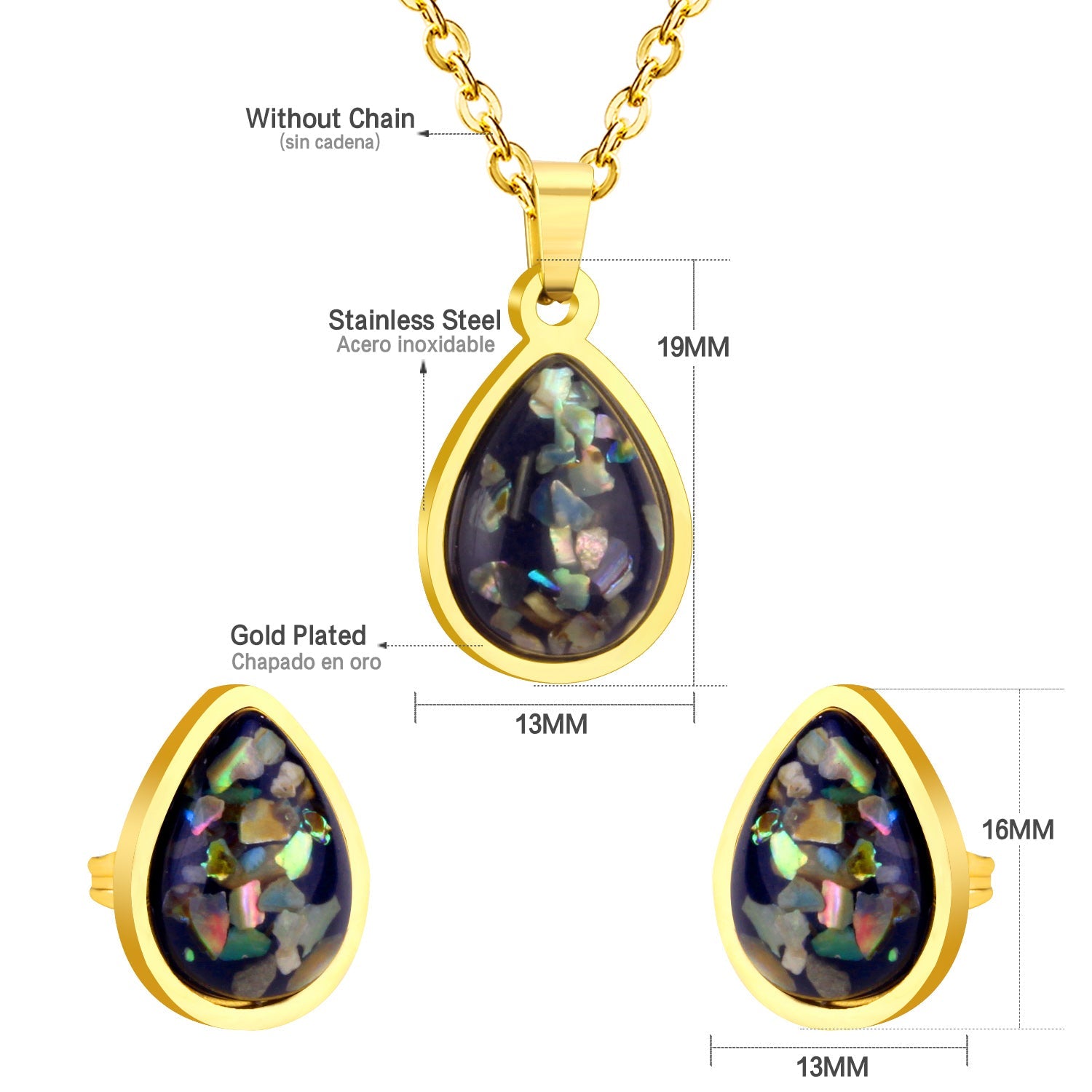 Gold/Steel Oval Black Flower Stone Jewelry Set asonjewelry