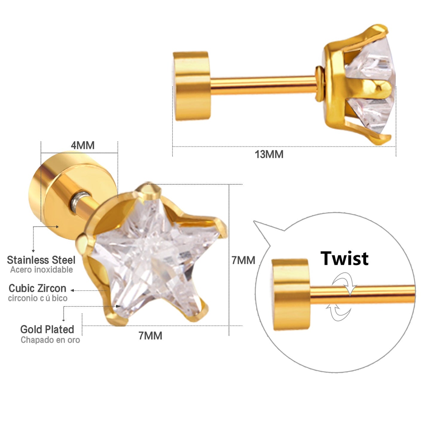 6mm Steel & Gold Pentacle Mixed Drill Plugs asonjewelry