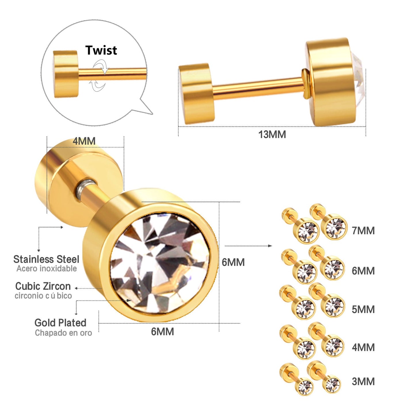 3mm~6mm Steel & Gold Cylindrical White Diamond Screw Plugs asonjewelry