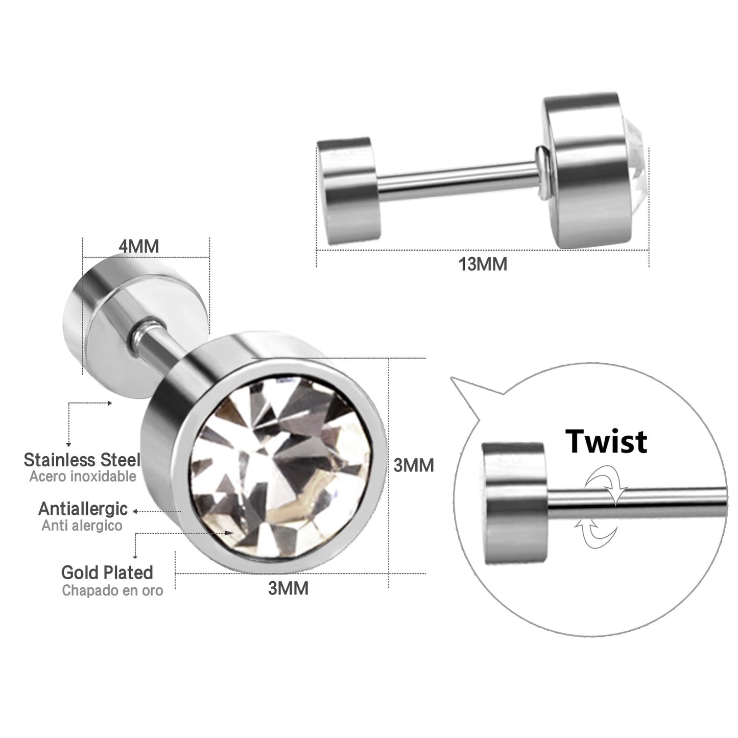 3mm/6mm Gold & Steel Column Mixed Drill Plugs asonjewelry