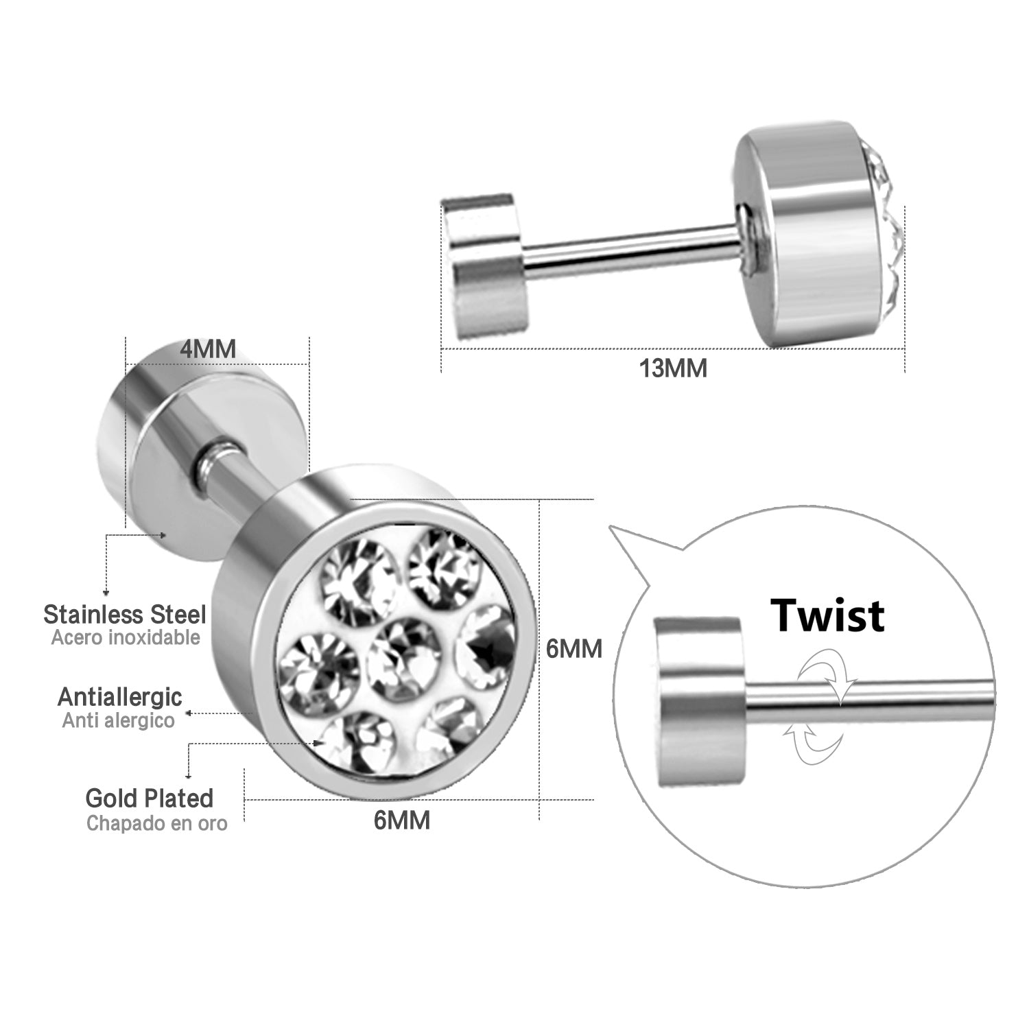 6mm Cylindrical Mixed Color Clay Drill Screw In Earrings asonjewelry