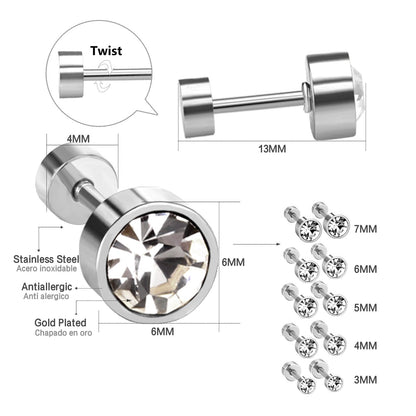 3mm~6mm Steel & Gold Cylindrical White Diamond Screw Plugs asonjewelry