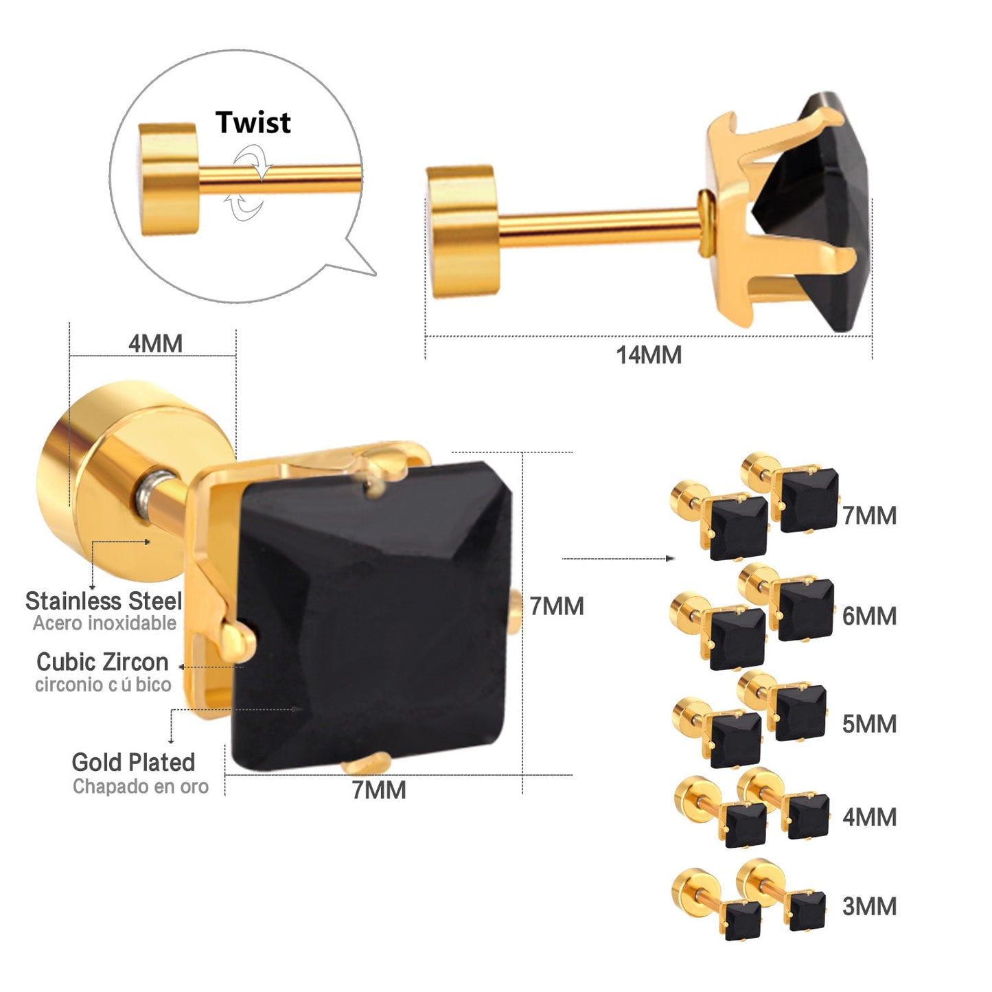 3mm~7mm Steel/Gold/Mixed color square white diamond screw plugs asonjewelry