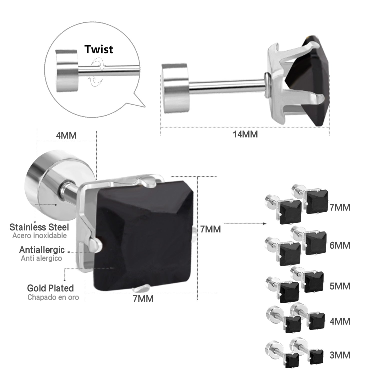 3mm~7mm Steel/Gold/Mixed color square white diamond screw plugs asonjewelry