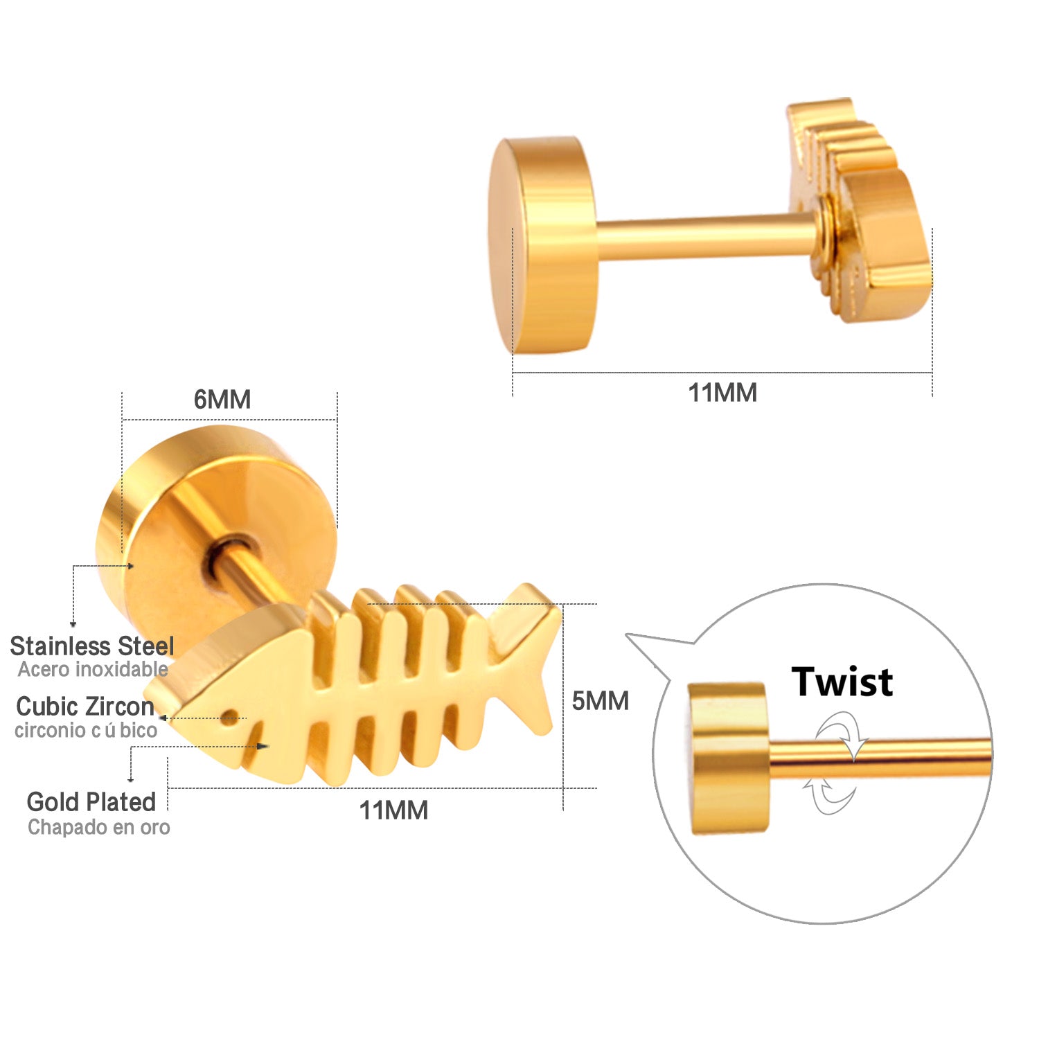 12 pairs steel/gold Cut Fishbone Screwback Earrings without diamonds asonjewelry