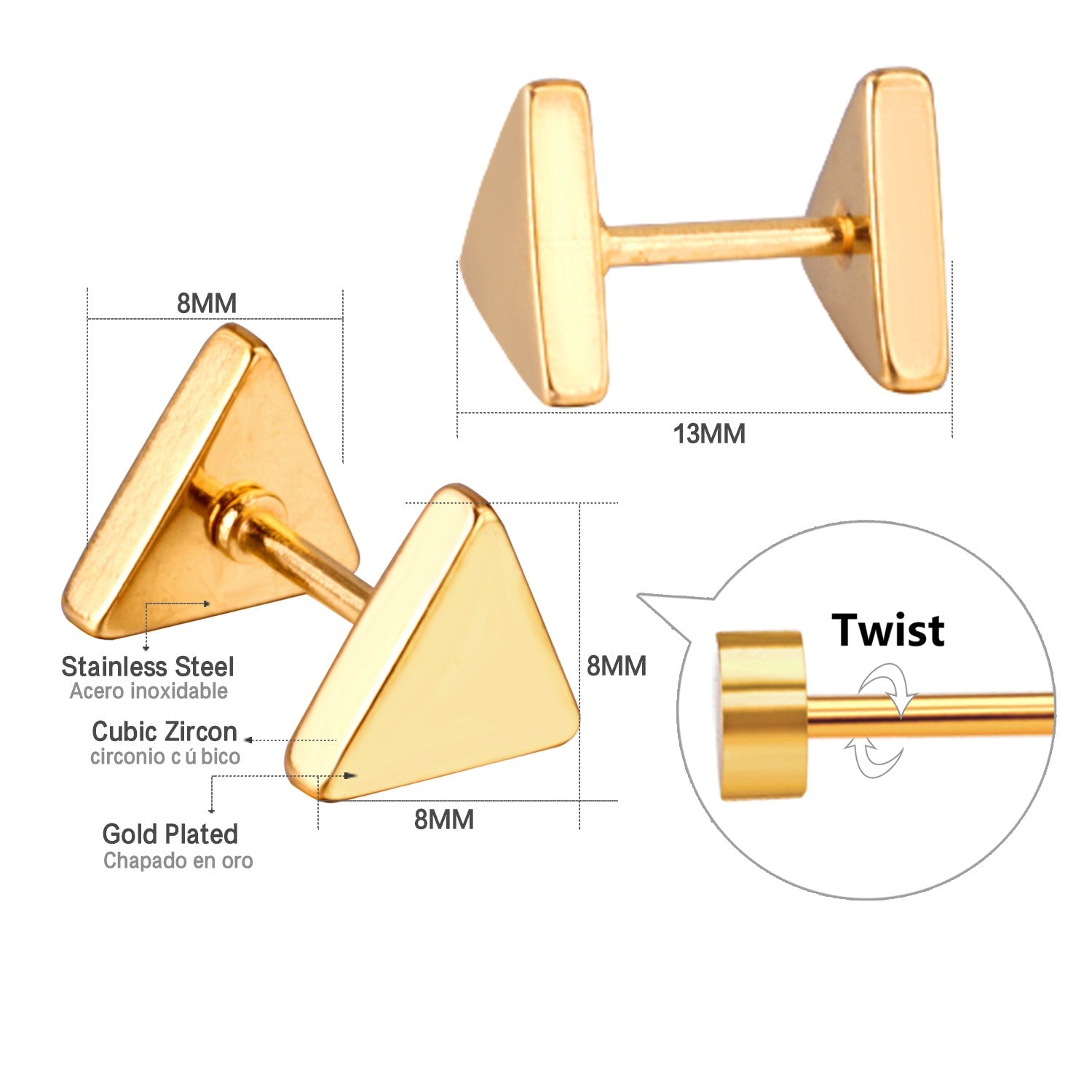 12 pairs 8mm steel color/gold/black triangle screw plugs asonjewelry