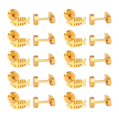 12 pairs steel/gold Cut Fishbone Screwback Earrings without diamonds asonjewelry