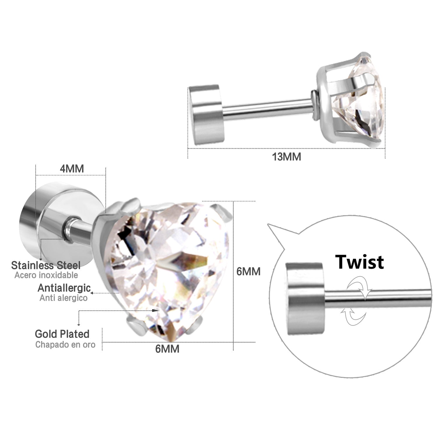 6mm Steel & Gold Heart Shaped Mixed Drill Plugs asonjewelry