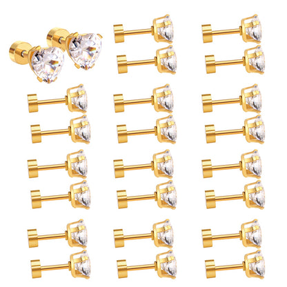 12 pair 6mm Steel/Gold Heart White/Black/Blue CZ Screw Plugs asonjewelry