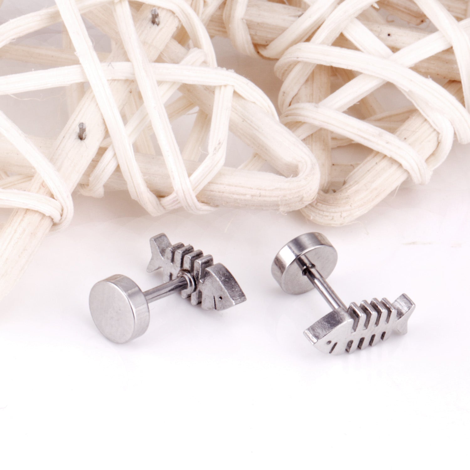 12 pairs steel/gold Cut Fishbone Screwback Earrings without diamonds asonjewelry